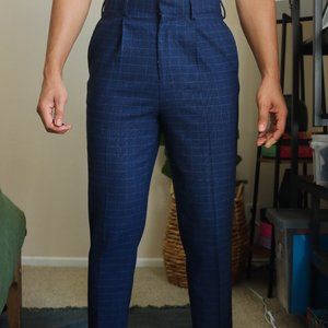 ASOS DESIGN tapered pants in navy wool windowpane check, Size 30/32